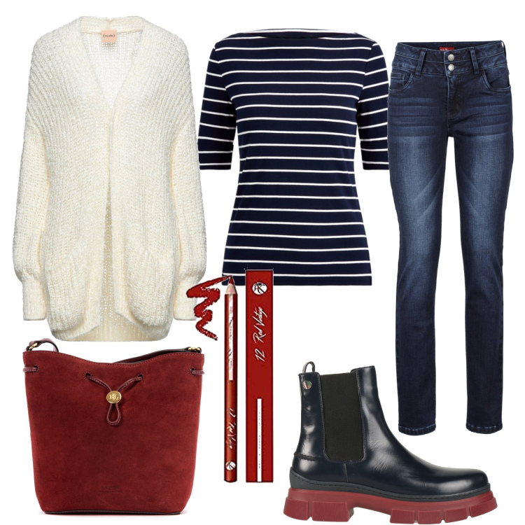 Outfit donna - Buondì. Stile Casual per Tutti i giorni. Abbinamento con jeans, stivaletti, cardigans, borse a tracolla, maglieria, matite labbra.