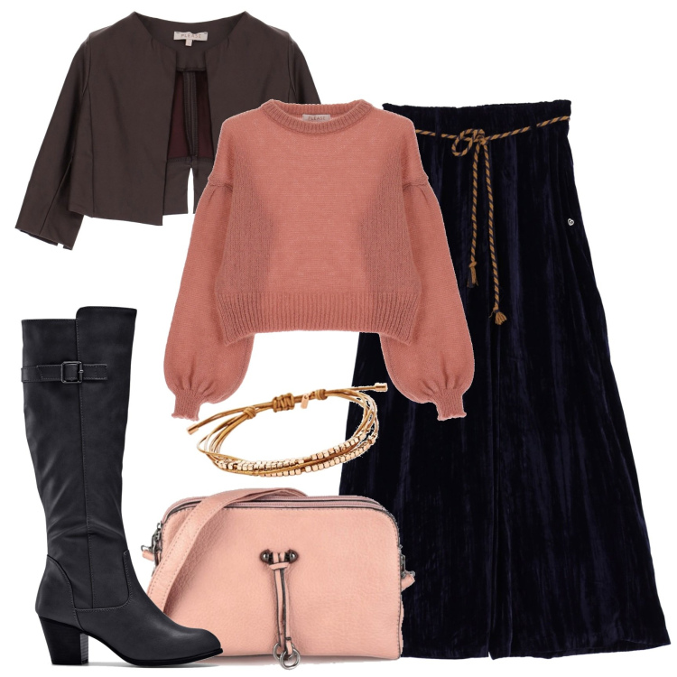 Outfit donna - Il maxi gonnellone con la giacca crop. Stile Glamour per Tutti i giorni. Abbinamento con stivali, borse a mano, pantaloni, maglieria, bolero, braccialetti.