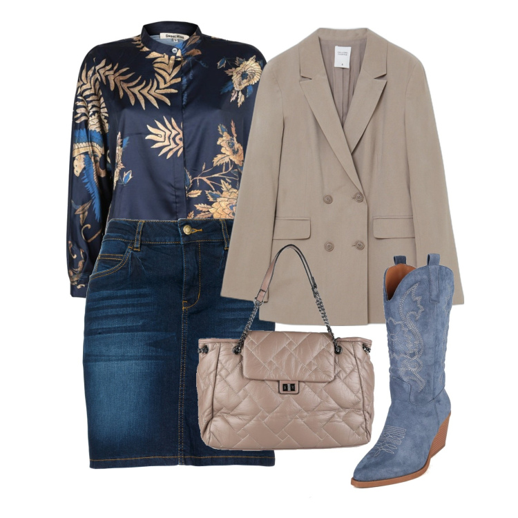 Outfit donna - Doppiopetto sul denim. Stile Casual chic per Tutti i giorni. Abbinamento con gonne, camicie, stivaletti texani, borse a spalla, giacche.