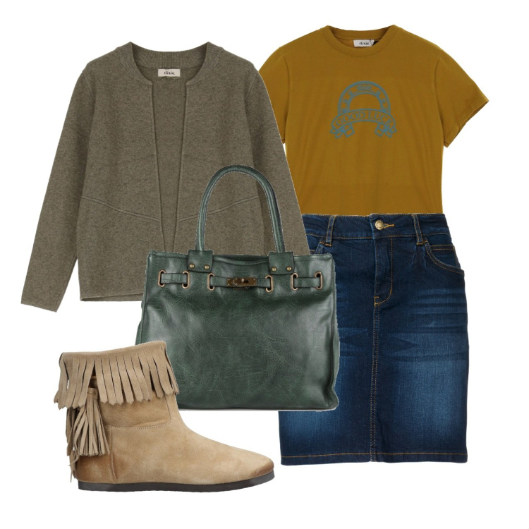Outfit donna - In giro. Stile Casual chic per Tutti i giorni. Abbinamento con gonne, stivaletti, borse a mano, t-shirt, cardigans.