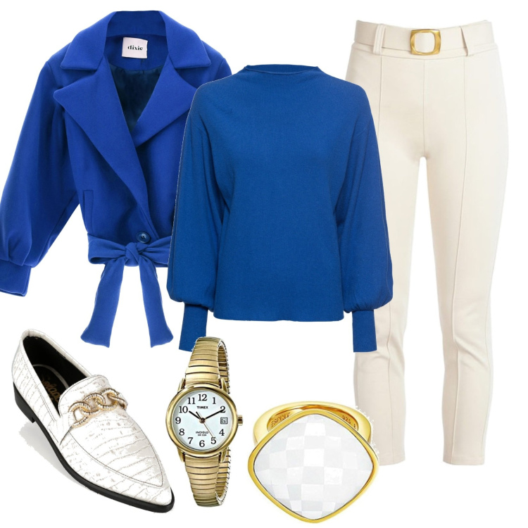 Outfit donna - Blu, bianco e oro. Stile Chic per Serata fuori. Abbinamento con maglieria, pantaloni, mocassini, cappotti, anelli, orologi.