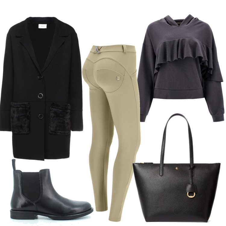 Outfit donna - Nero e champagne. Stile Casual chic per Tutti i giorni. Abbinamento con cappotti, pantaloni skinny, felpe con cappuccio, stivaletti, borse tote.