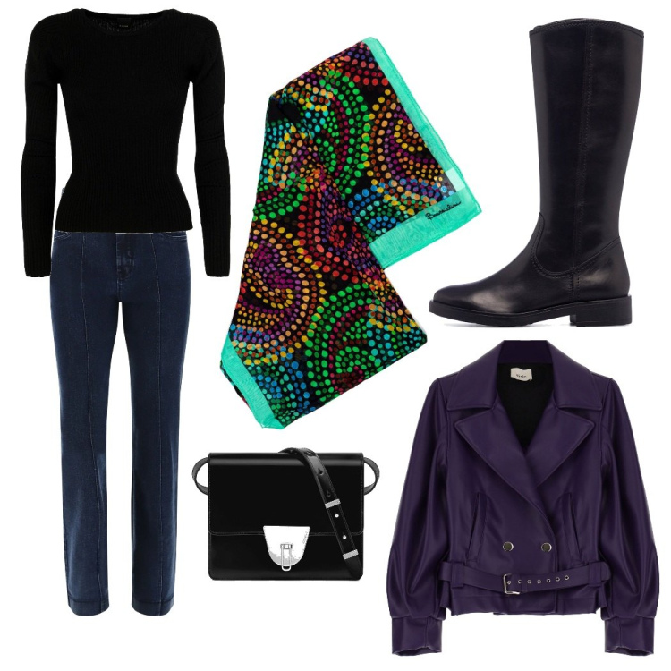 Outfit donna - Il foulard a fantasia colorato. Stile Trendy per Serata fuori. Abbinamento con maglieria, foulard, borse a spalla, jeans, cappotti, stivali sopra il ginocchio.