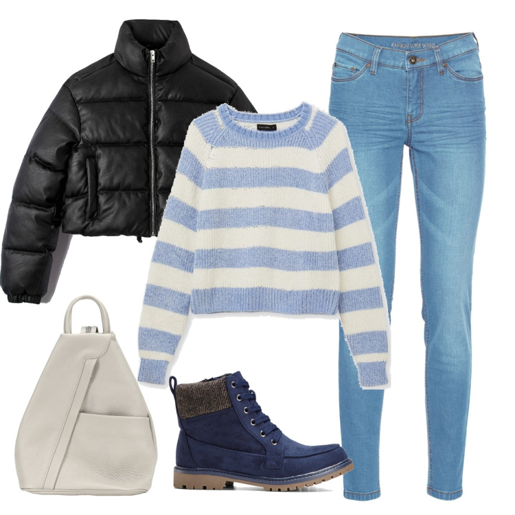 Outfit donna - Stivaletti blu. Stile Urban per Scuola/Università. Abbinamento con jeans skinny, stivaletti, zaini, cappotti, maglieria.