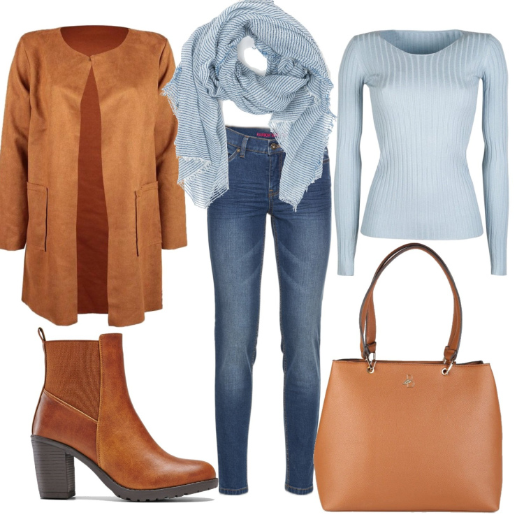 Outfit donna - Attraente. Stile Casual chic per Tutti i giorni. Abbinamento con jeans skinny, stivaletti, blazer, pullovers, borse a spalla, sciarpe.