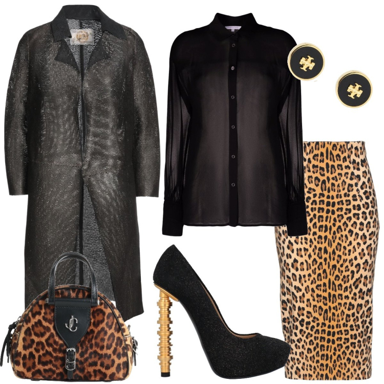 Outfit donna - La gonna animalier. Stile Rock per Serata fuori. Abbinamento con décolleté, cappotti, gonne longuette, borse a mano, bluse, orecchini.