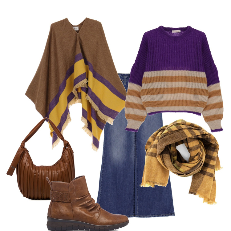 Outfit donna - Pattern tutto a righe. Stile Casual per Tutti i giorni. Abbinamento con jeans, maglieria, sciarpe, cappe, stivaletti, borse a spalla.