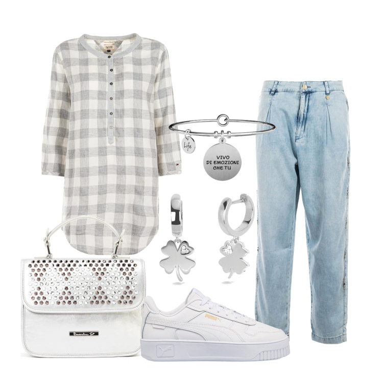 Outfit donna - Pattern Rules. Stile Casual per Tutti i giorni. Abbinamento con orecchini, bluse, jeans, borse a mano, ciondoli, sneakers.