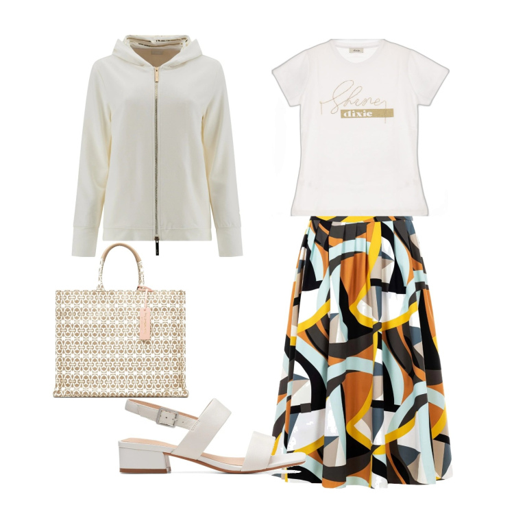 Outfit donna - Vacanze d\'arte. Stile Bon Ton per Tutti i giorni. Abbinamento con gonne lunghe, sandali in pelle, borse a mano, felpe con cappuccio, t-shirt.