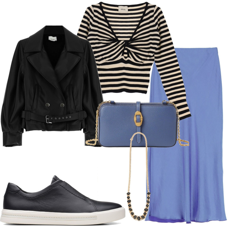Outfit donna - Total look #1547668. Stile Sporty chic per Scuola/Università. Abbinamento con borse a tracolla, sneakers, maglieria, gonne longuette, giacche, collane.