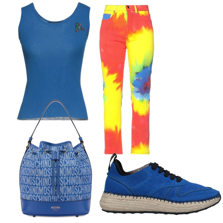 Outfit donna - Pantalone rosso blu e giallo. Stile Basic per Tutti i giorni. Abbinamento con espadrillas, pantaloni, top, borse a secchiello.