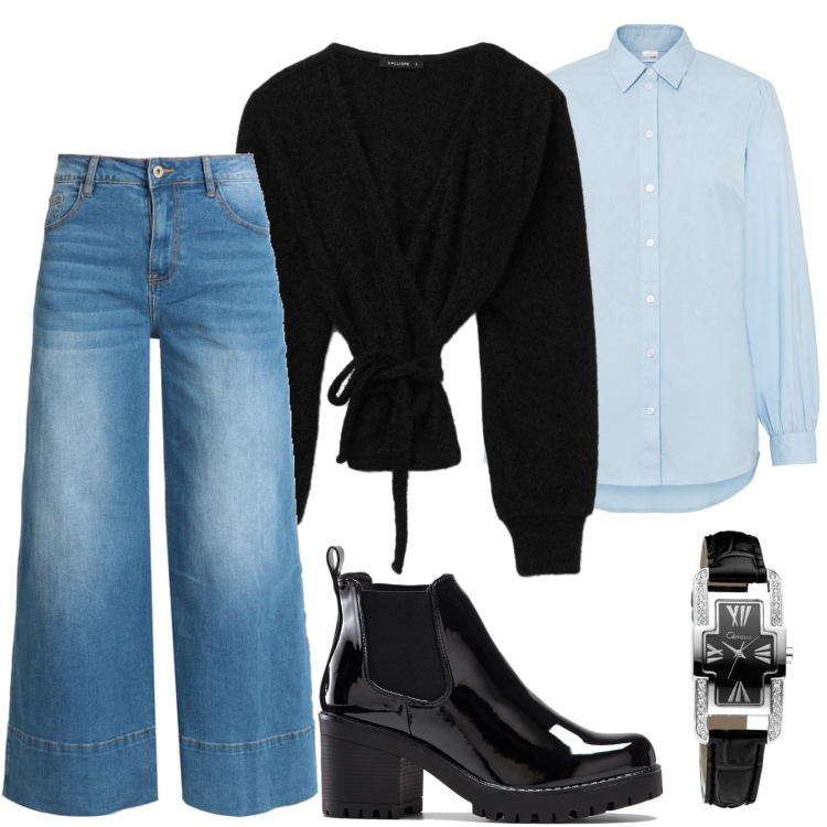 Outfit donna - Total look #1547746. Stile Casual per Tutti i giorni. Abbinamento con stivaletti, camicie, jeans, cardigans, orologi.