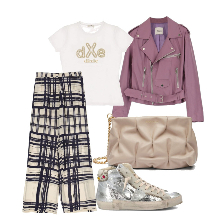 Outfit donna - Pattern Rules. Stile Casual per Tutti i giorni. Abbinamento con sneakers alte, clutch, pantaloni a palazzo, giacche, t-shirt.