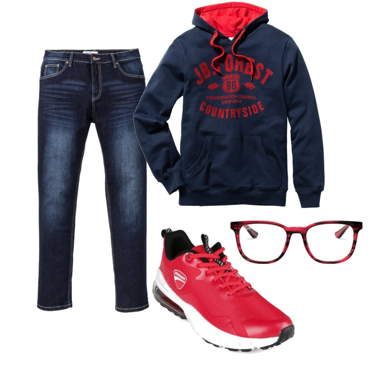 Outfit uomo - Casual #5019. Stile Casual per Tutti i giorni. Abbinamento con felpe con cappuccio, jeans slim fit, sneakers, occhiali da sole.
