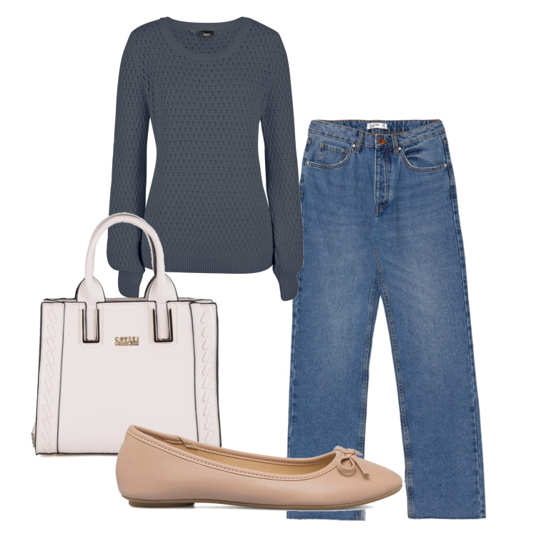 Outfit donna - In giro. Stile Basic per Tutti i giorni. Abbinamento con maglieria, borse a mano, jeans dritti, ballerine.