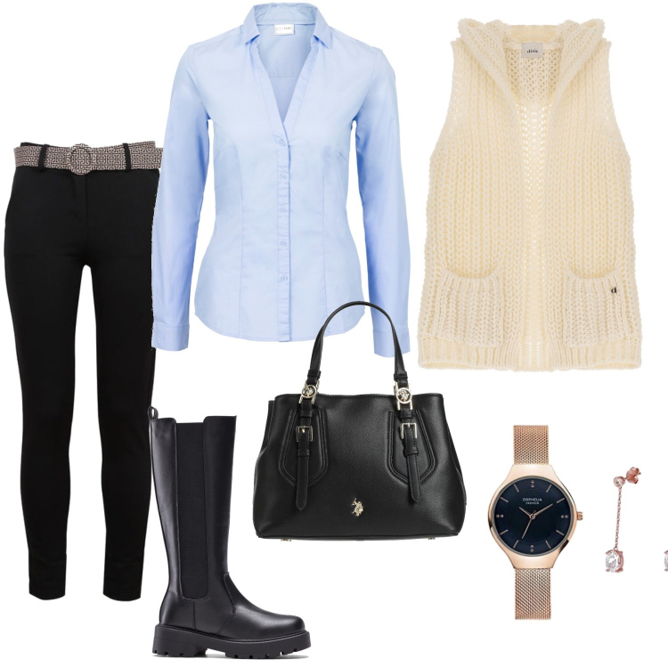 Outfit donna - Comoda ma elegante. Stile Urban per Tutti i giorni. Abbinamento con camicie, stivali, borse a mano, pantaloni, gilet, orologi analogici.