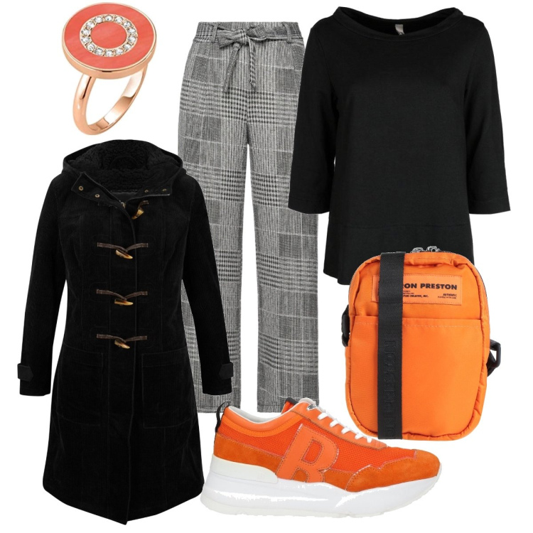 Outfit donna - Nero & arancio. Stile Sporty chic per Tutti i giorni. Abbinamento con montgomery, pantaloni, sneakers, borse a tracolla, t-shirt, anelli.