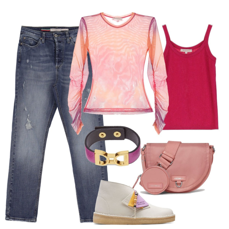 Outfit donna - Borsa rosa a mezza luna. Stile Casual per Tutti i giorni. Abbinamento con jeans dritti, maglieria, top, borse a tracolla, stivaletti, braccialetti.