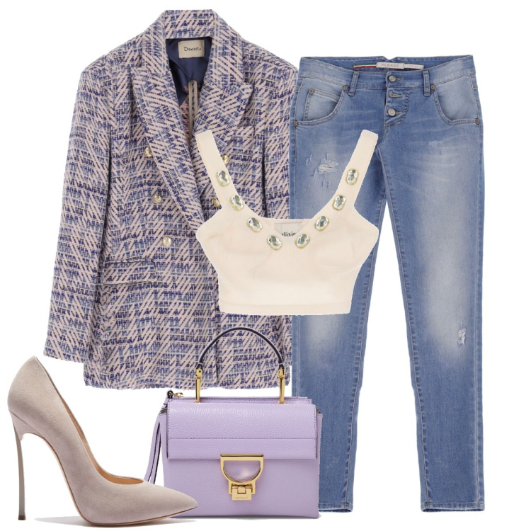 Outfit donna - Colori pastello per la primavera. Stile Casual chic per Ufficio. Abbinamento con jeans skinny, borse a spalla, décolleté, giacche, top.