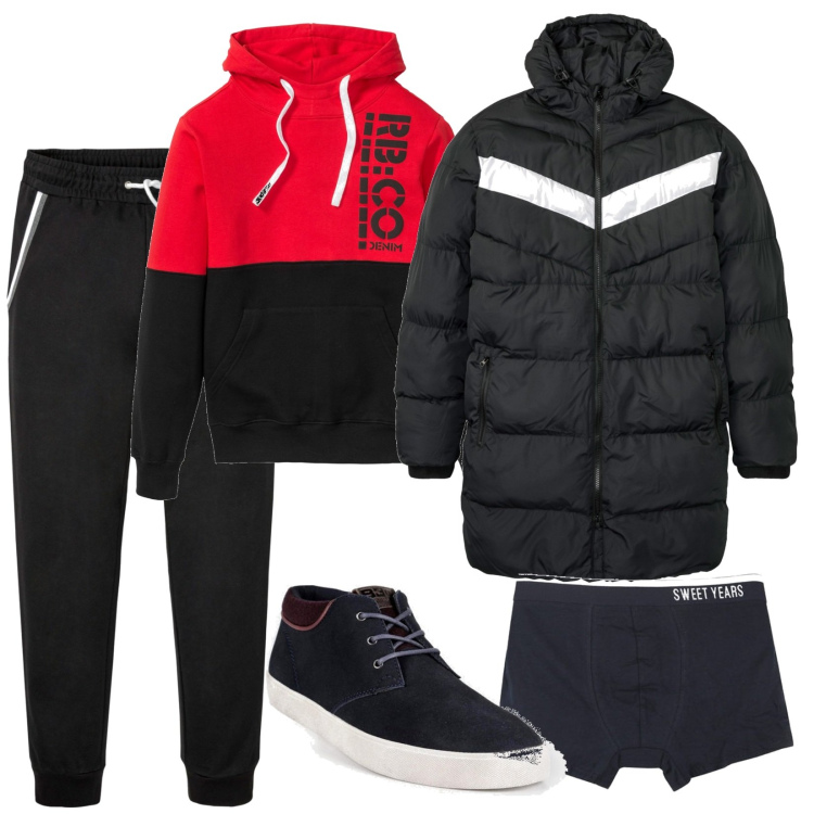 Outfit uomo - La mattina. Stile Casual per Tutti i giorni. Abbinamento con felpe con cappuccio, pantaloni, giacche, sneakers alte, boxer.