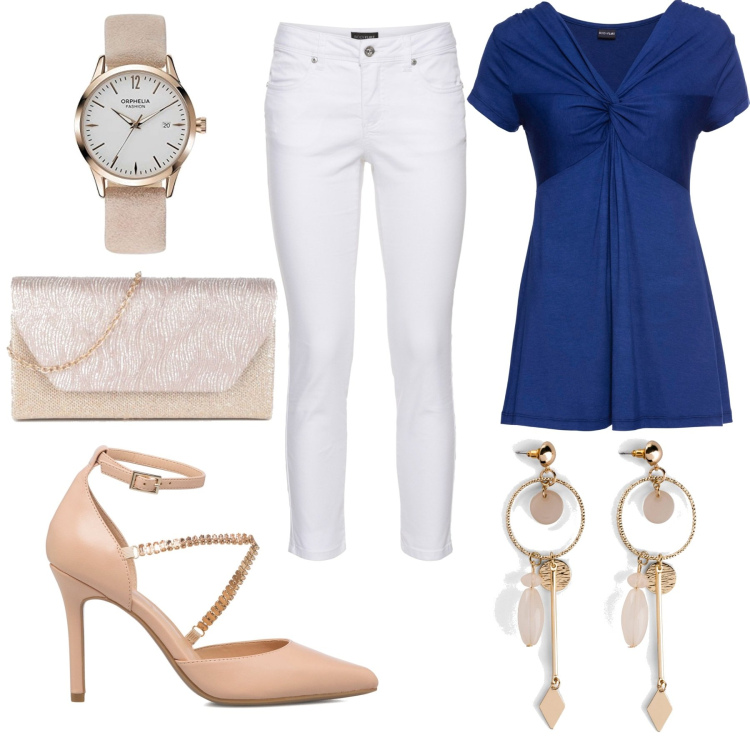 Outfit donna - Elegante in blu. Stile Glamour per Serata fuori. Abbinamento con maglieria, orecchini, pantaloni, pochette, décolleté, orologi.