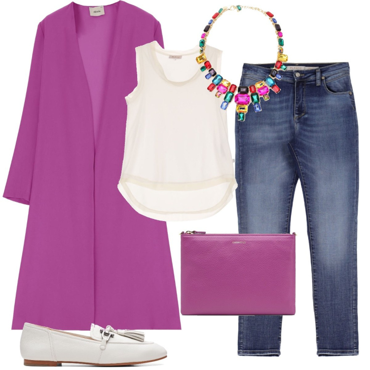 Outfit donna - Minimal ma elegante. Stile Casual chic per Ufficio. Abbinamento con jeans skinny, canottiere, mocassini, borse a tracolla, cardigans, collane.