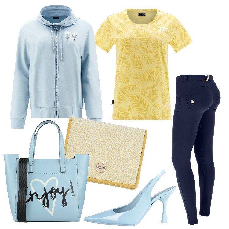 Outfit donna - Freddy - Speciale Festa della Donna. Stile Casual chic per Tutti i giorni. Abbinamento con décolleté, borse a mano, portafogli, pantaloni skinny, t-shirt, felpe.