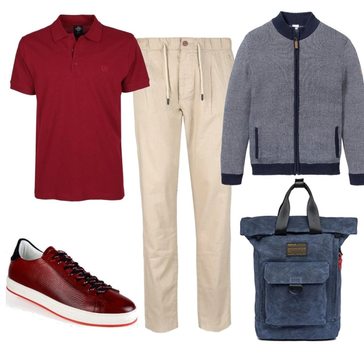 Outfit uomo - A scuola JOHN BANER. Stile Urban per Tutti i giorni. Abbinamento con cardigans, pantaloni, polo, sneakers alte, borse sportive.