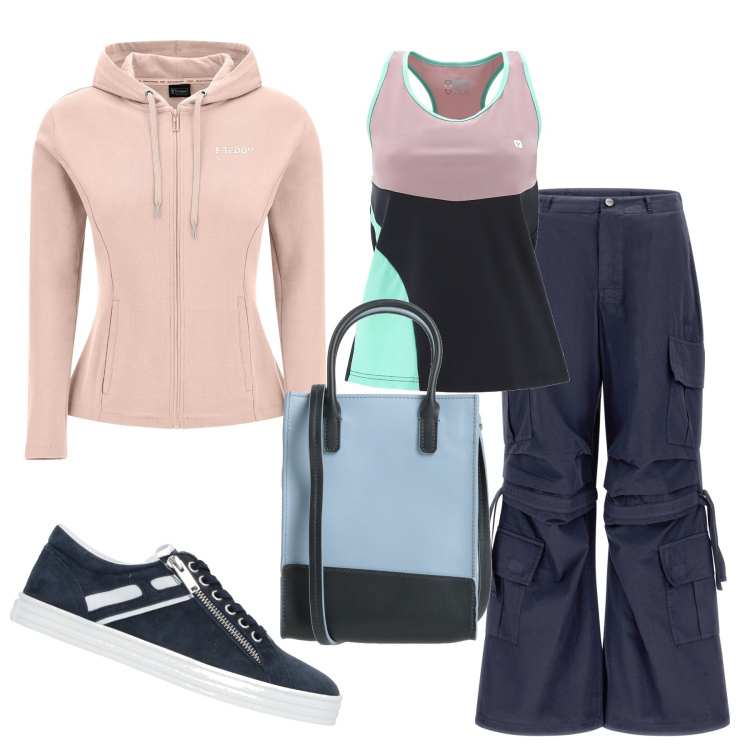 Outfit donna - Stracomoda. Stile Basic per Tutti i giorni. Abbinamento con sneakers, borse a mano, pantaloni cargo, felpe con cappuccio, canottiere.