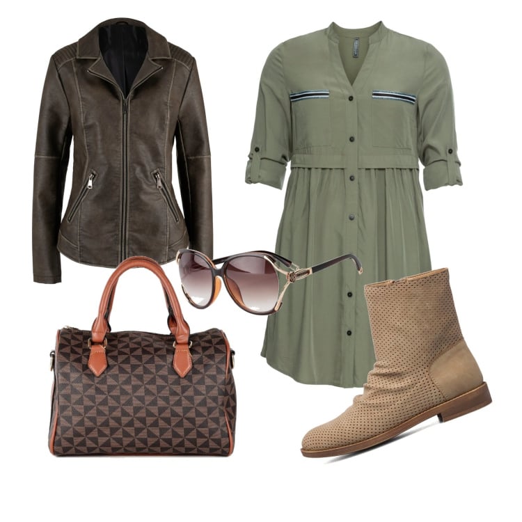 Outfit donna - Primavera grintosa. Stile Urban per Tutti i giorni. Abbinamento con vestiti chemisier, occhiali da sole, blazer, borse a mano, stivaletti.