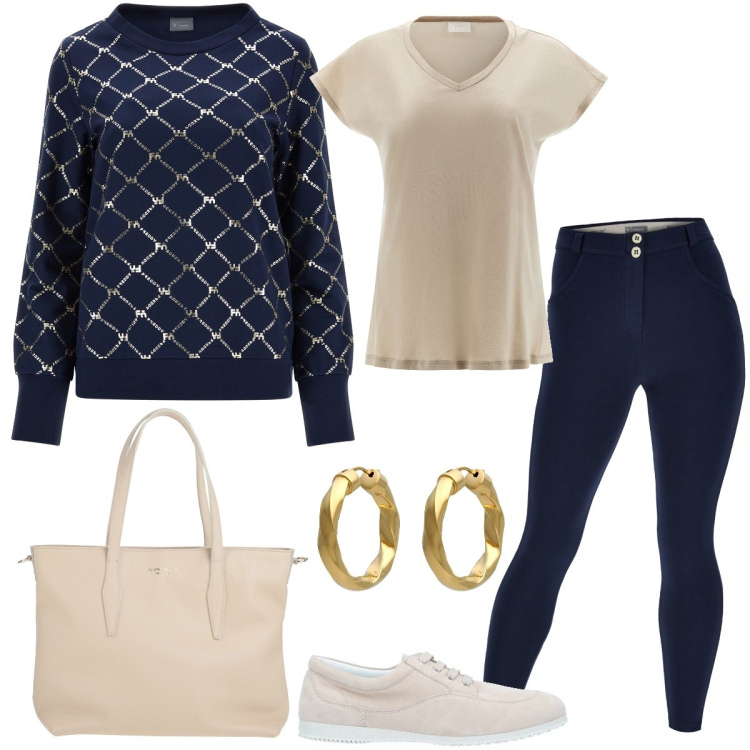 Outfit donna - Total look #1548760. Stile Casual per Tutti i giorni. Abbinamento con borse a mano, sneakers, orecchini, pantaloni skinny, felpe, t-shirt.
