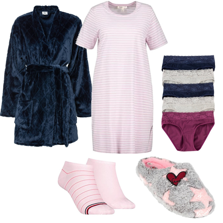 Outfit donna - Homewear. Stile Casual per Tutti i giorni. Abbinamento con culotte, vestaglie, pantofole, camicie da notte, calzini.