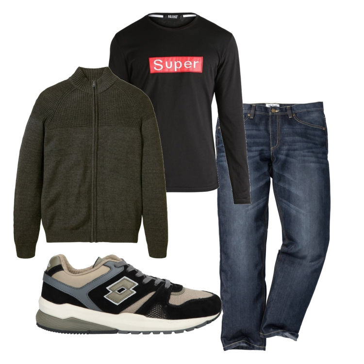 Outfit uomo - Streetwear. Stile Casual per Tutti i giorni. Abbinamento con jeans dritti, cardigans, sneakers, t-shirt.