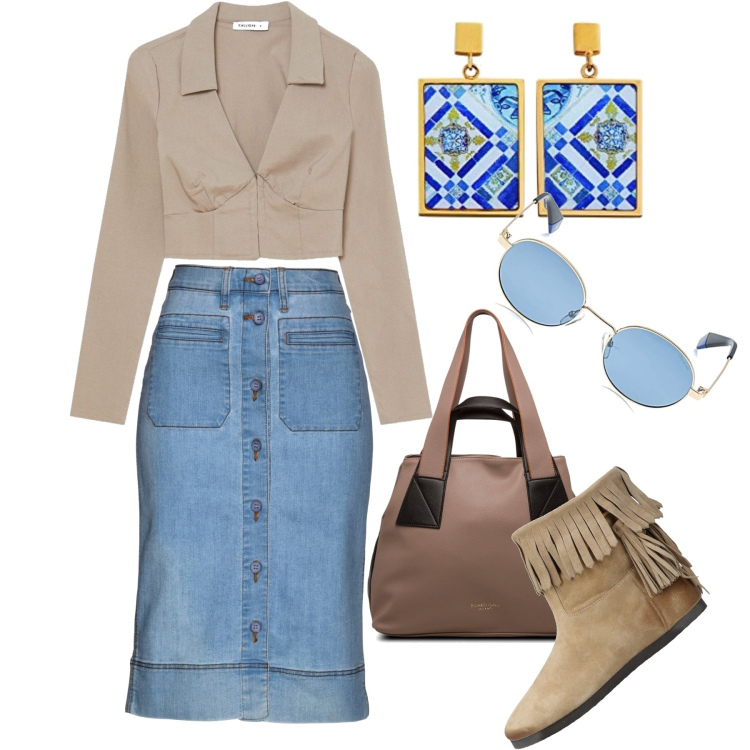 Outfit donna - Per niente casuale. Stile Chic per Tutti i giorni. Abbinamento con gonne, stivaletti, camicie, borse a spalla, orecchini, occhiali da sole.
