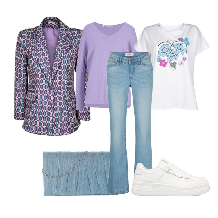 Outfit donna - Trendy #4739. Stile Trendy per Tutti i giorni. Abbinamento con jeans bootcut, maglieria, blazer, t-shirt, pochette, sneakers.