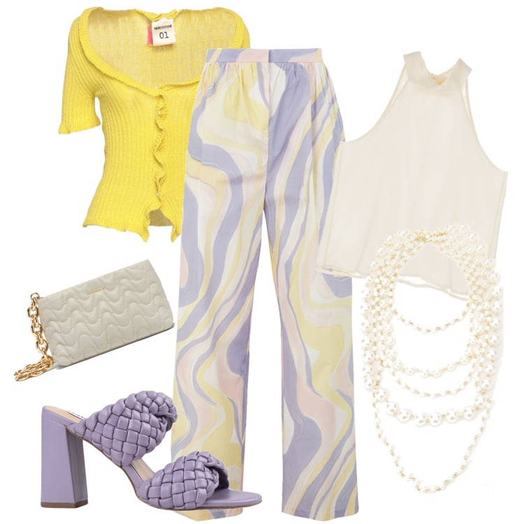 Outfit donna - Spring in pastel colors. Stile Casual chic per Tutti i giorni. Abbinamento con cardigans, pantaloni, sandali col tacco, clutch, collane, top.