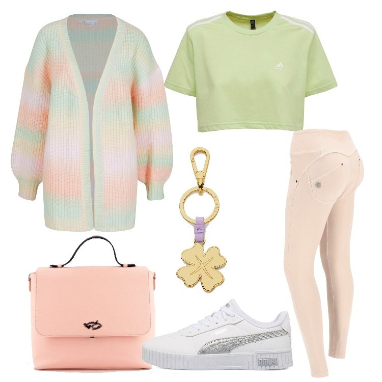 Outfit donna - PittaRosso SS23. Stile Casual per Tutti i giorni. Abbinamento con cardigans, pantaloni skinny, borse a tracolla, portachiavi, sneakers, t-shirt.