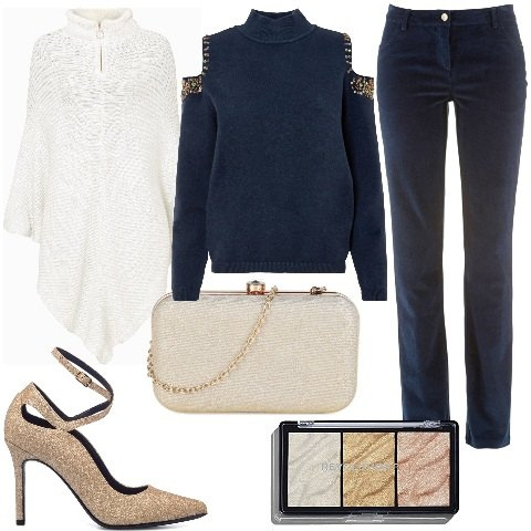 Outfit donna - Abbina il blu scuro. Stile Glamour per Serata fuori. Abbinamento con pantaloni, cappotti, maglieria, pochette, décolleté, ombretti.