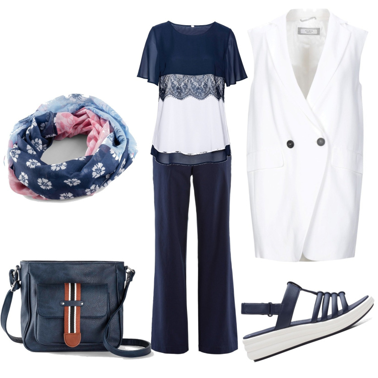 Outfit donna - Look navy. Stile Casual per Tutti i giorni. Abbinamento con cappotti, pantaloni, tuniche, borse a tracolla, foulard, sandali.