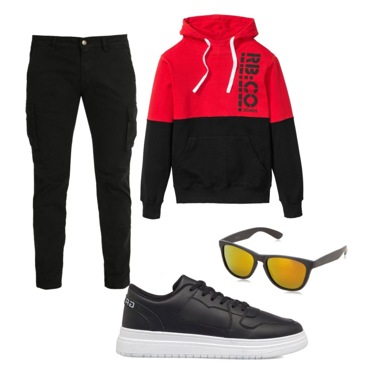 Outfit uomo - Casual #5151. Stile Casual per Tutti i giorni. Abbinamento con felpe con cappuccio, pantaloni, sneakers, occhiali da sole.