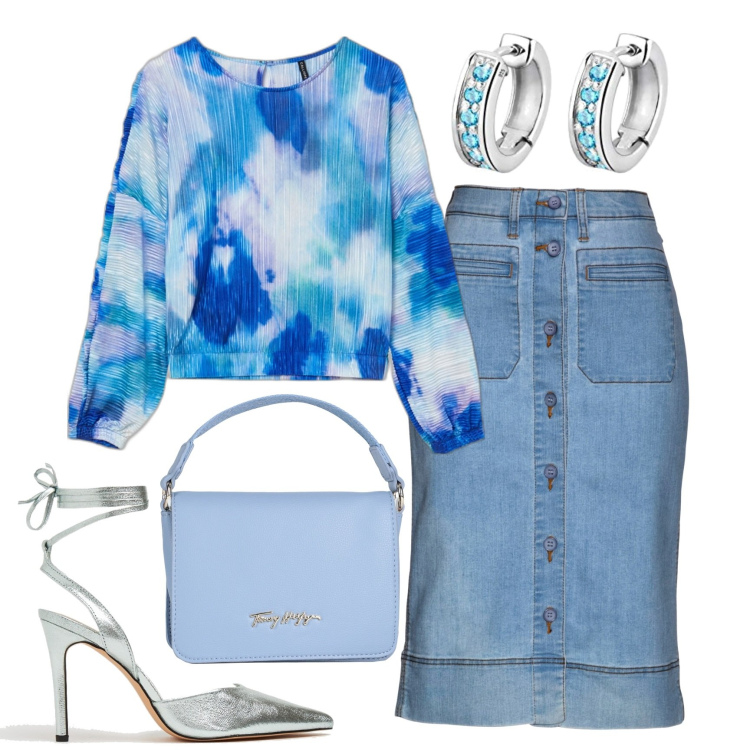 Outfit donna - Total look #1549521. Stile Urban per Tutti i giorni. Abbinamento con gonne, borse a mano, bluse, décolleté, orecchini.