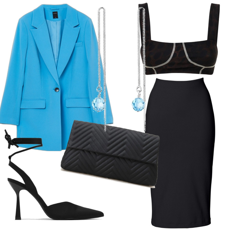 Outfit donna - Serata. Stile Glamour per Serata fuori. Abbinamento con gonne longuette, giacche, décolleté, pochette, top, orecchini.