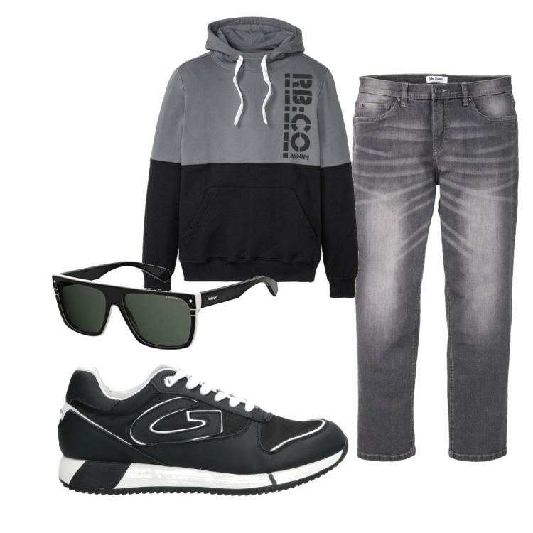 Outfit uomo - Casual #5171. Stile Casual per Tutti i giorni. Abbinamento con felpe con cappuccio, jeans dritti, sneakers, occhiali da sole.