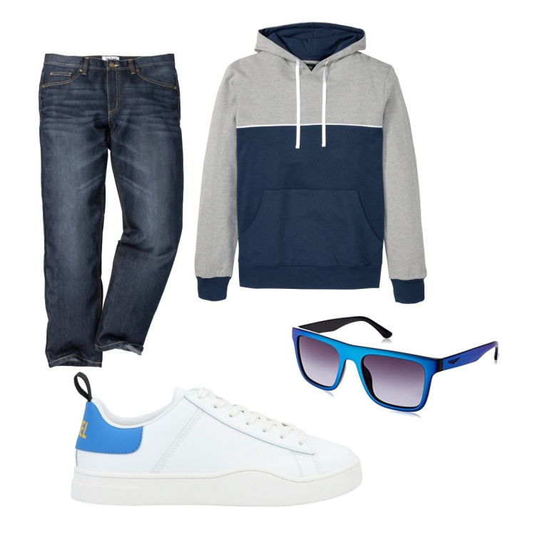 Outfit uomo - Casual #5172. Stile Casual per Tutti i giorni. Abbinamento con jeans dritti, felpe con cappuccio, sneakers, occhiali da sole.