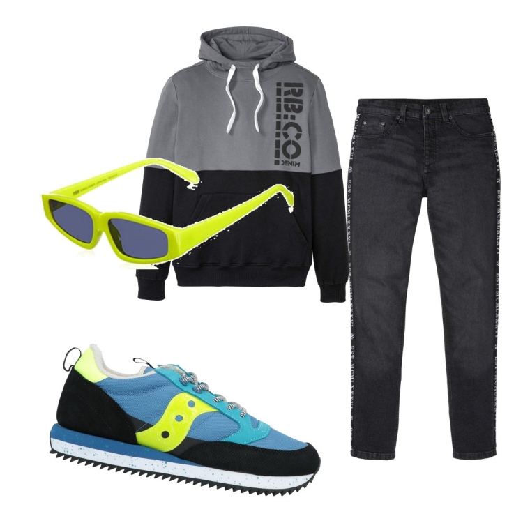 Outfit uomo - Casual #5173. Stile Casual per Tutti i giorni. Abbinamento con felpe con cappuccio, jeans slim fit, sneakers, occhiali da sole.