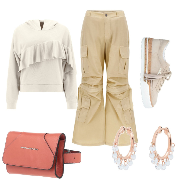 Outfit donna - Total look #1549877. Stile Casual Abbinamento con pantaloni cargo, felpe con cappuccio, sneakers, orecchini, borse a tracolla.