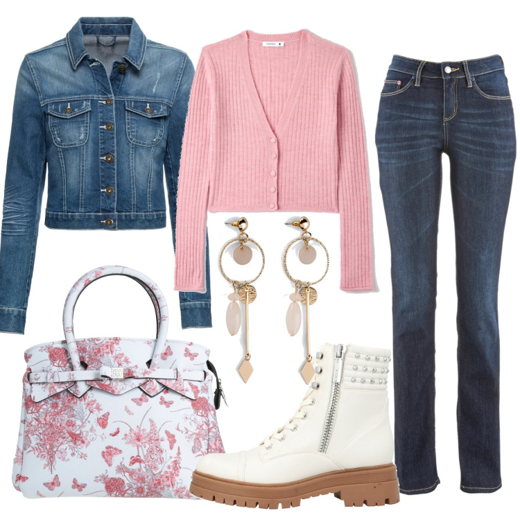Outfit donna - Look primaverile. Stile Romantica per Tutti i giorni. Abbinamento con jeans dritti, orecchini, blazer, borse a mano, stivaletti, cardigans.
