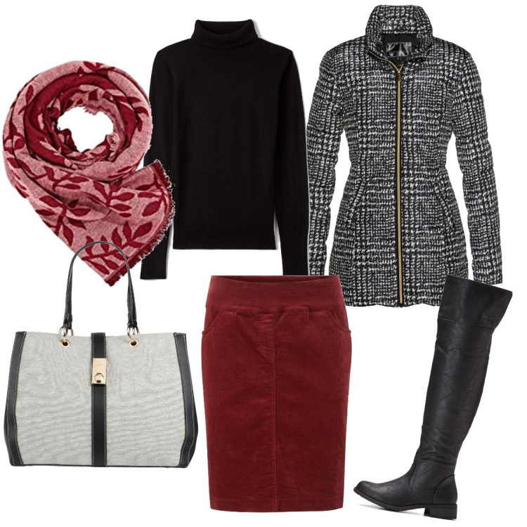 Outfit donna - Un minimal bon ton. Stile Minimal per Ufficio. Abbinamento con giacche, gonne, stivali sopra il ginocchio, borse a mano, maglieria, sciarpe.