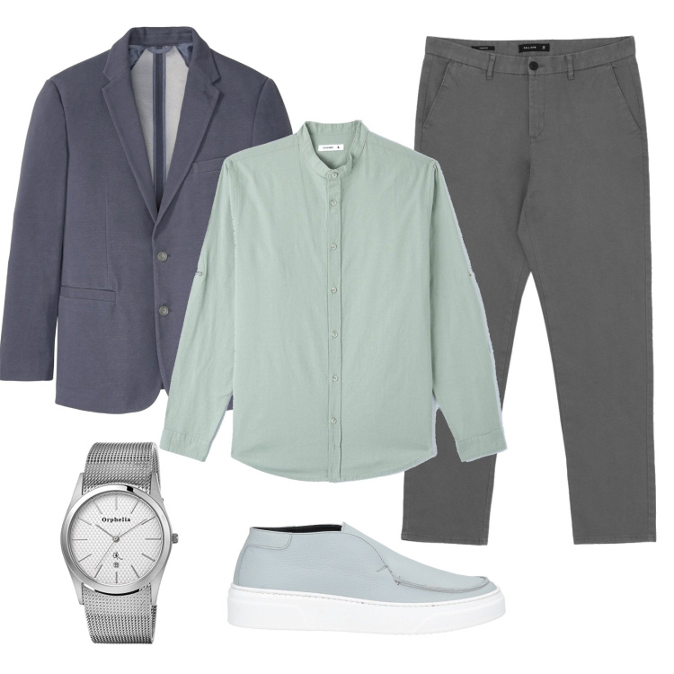 Outfit uomo - Giacca e camicia casual. Stile Casual per Serata speciale. Abbinamento con giacche, sneakers, camicie, pantaloni chino, orologi.