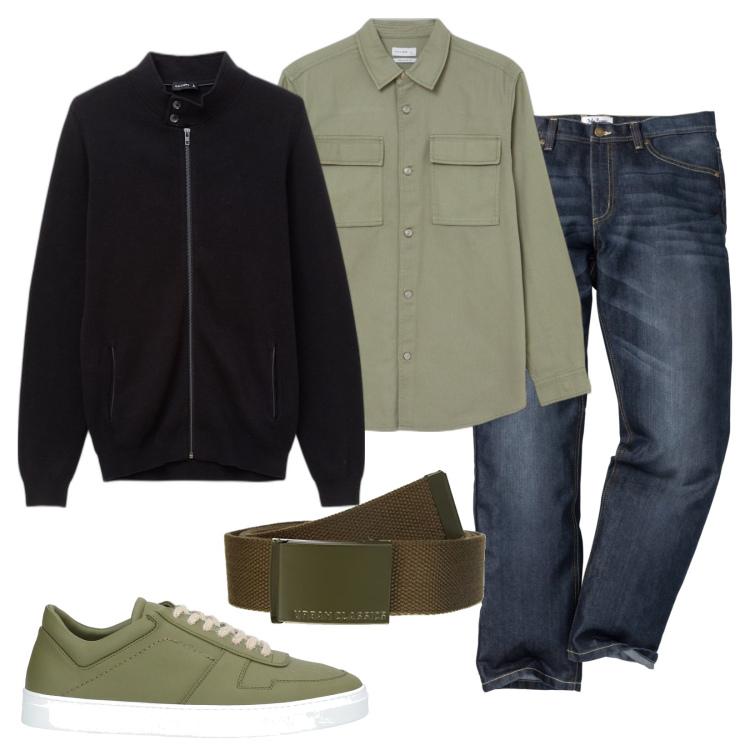 Outfit uomo - Camicia e cardigan. Stile Casual per Tutti i giorni. Abbinamento con jeans dritti, sneakers, cardigans, camicie, cinture.